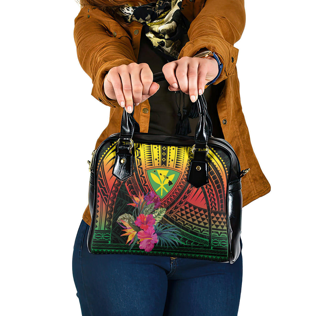 Hawaii Kanaka Maoli Flag Day Shoulder Handbag Tropical Flowers LT01 One Size Black - Polynesian Pride