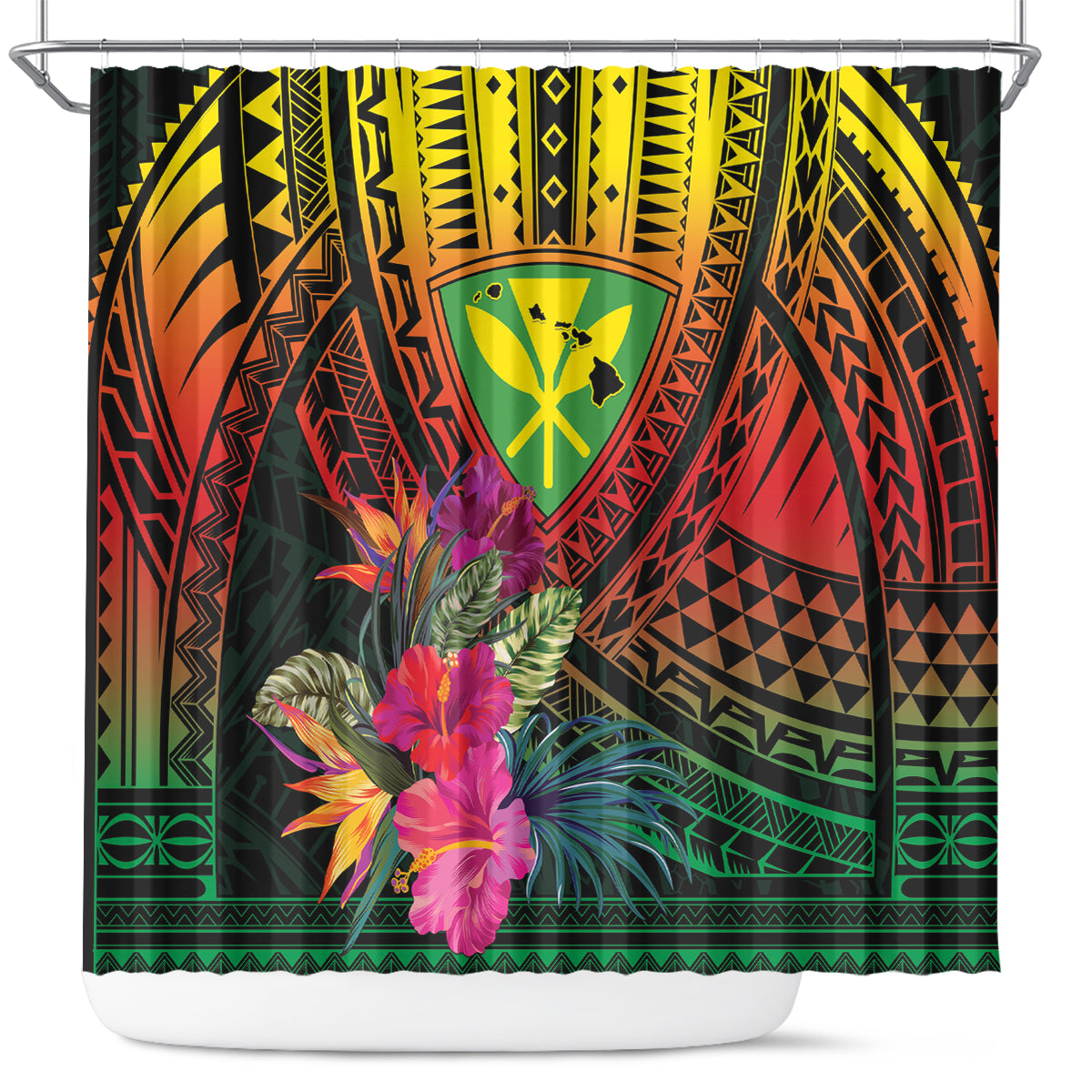 Hawaii Kanaka Maoli Flag Day Shower Curtain Tropical Flowers LT01 Black - Polynesian Pride