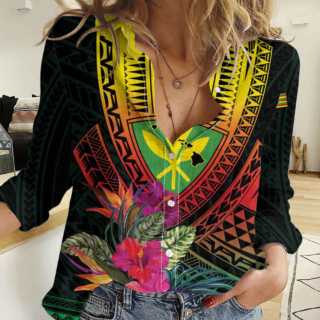 Hawaii Kanaka Maoli Flag Day Women Casual Shirt Tropical Flowers