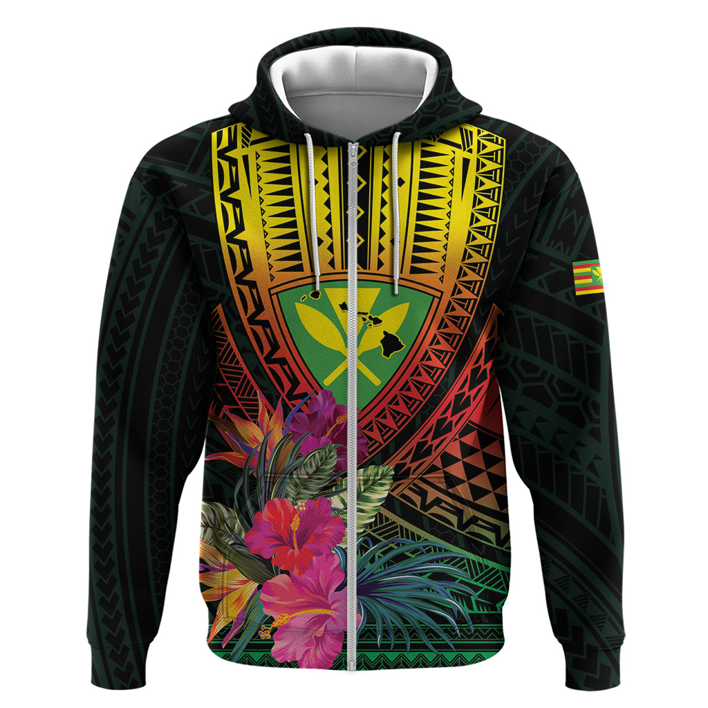 Hawaii Kanaka Maoli Flag Day Zip Hoodie Tropical Flowers LT01 Zip Hoodie Black - Polynesian Pride