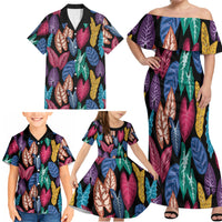 Hawaii Colorful Tropical Leaves Family Matching Off Shoulder Maxi Dress and Hawaiian Shirt