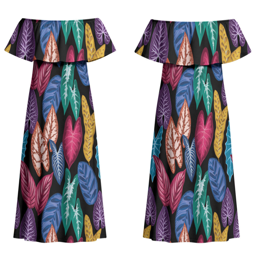 Hawaii Colorful Tropical Leaves Family Matching Off Shoulder Maxi Dress and Hawaiian Shirt