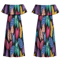 Hawaii Colorful Tropical Leaves Family Matching Off Shoulder Maxi Dress and Hawaiian Shirt