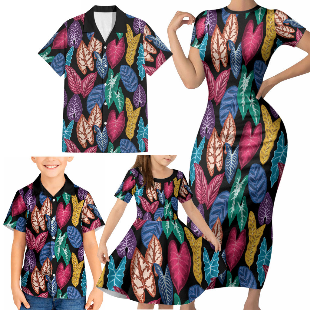 Hawaii Colorful Tropical Leaves Family Matching Short Sleeve Bodycon Dress and Hawaiian Shirt