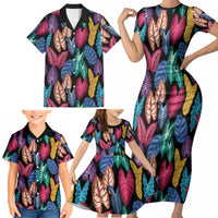 Hawaii Colorful Tropical Leaves Family Matching Short Sleeve Bodycon Dress and Hawaiian Shirt