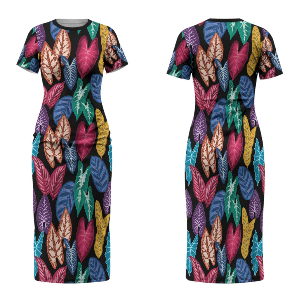 Hawaii Colorful Tropical Leaves Family Matching Short Sleeve Bodycon Dress and Hawaiian Shirt