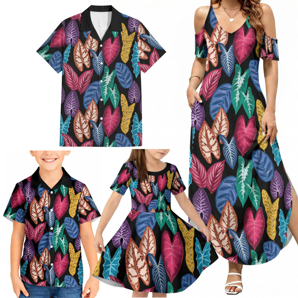 Hawaii Colorful Tropical Leaves Family Matching Summer Maxi Dress and Hawaiian Shirt