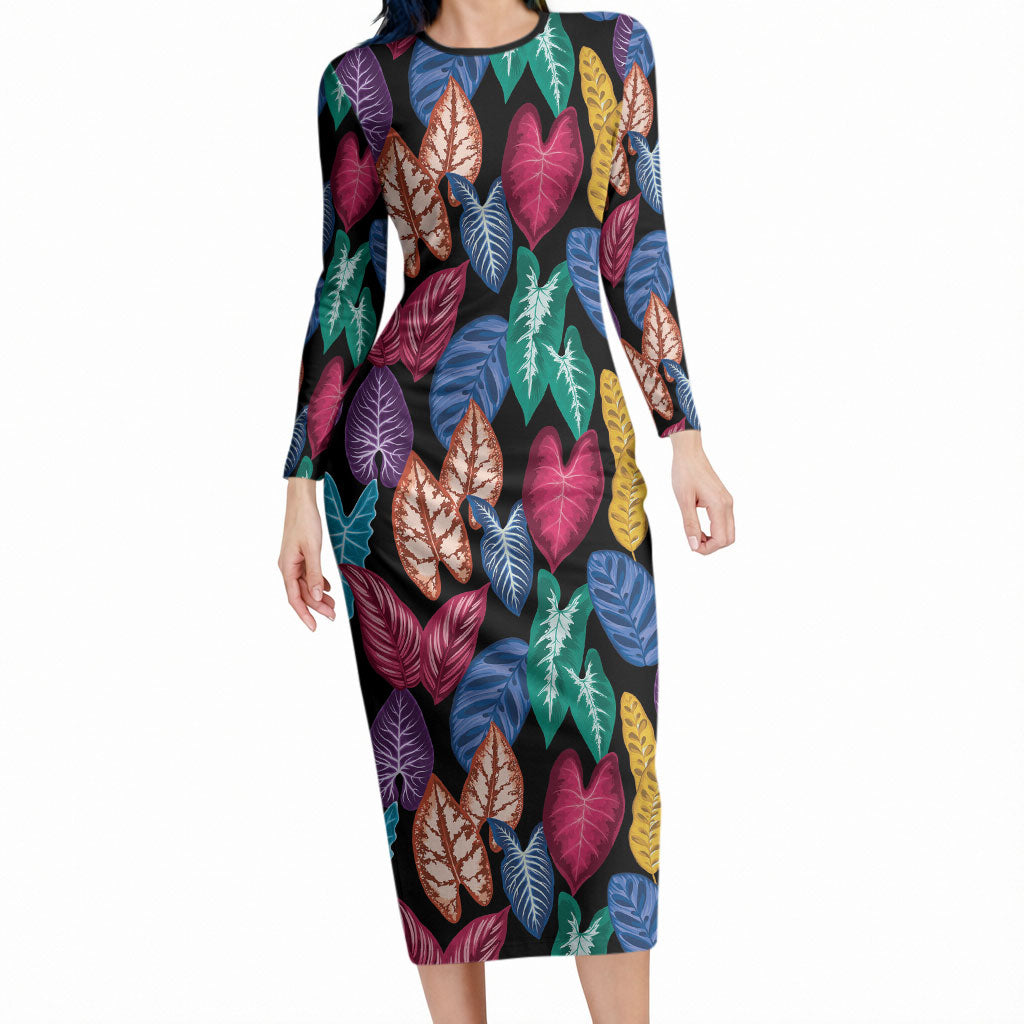 Hawaii Colorful Tropical Leaves Long Sleeve Bodycon Dress