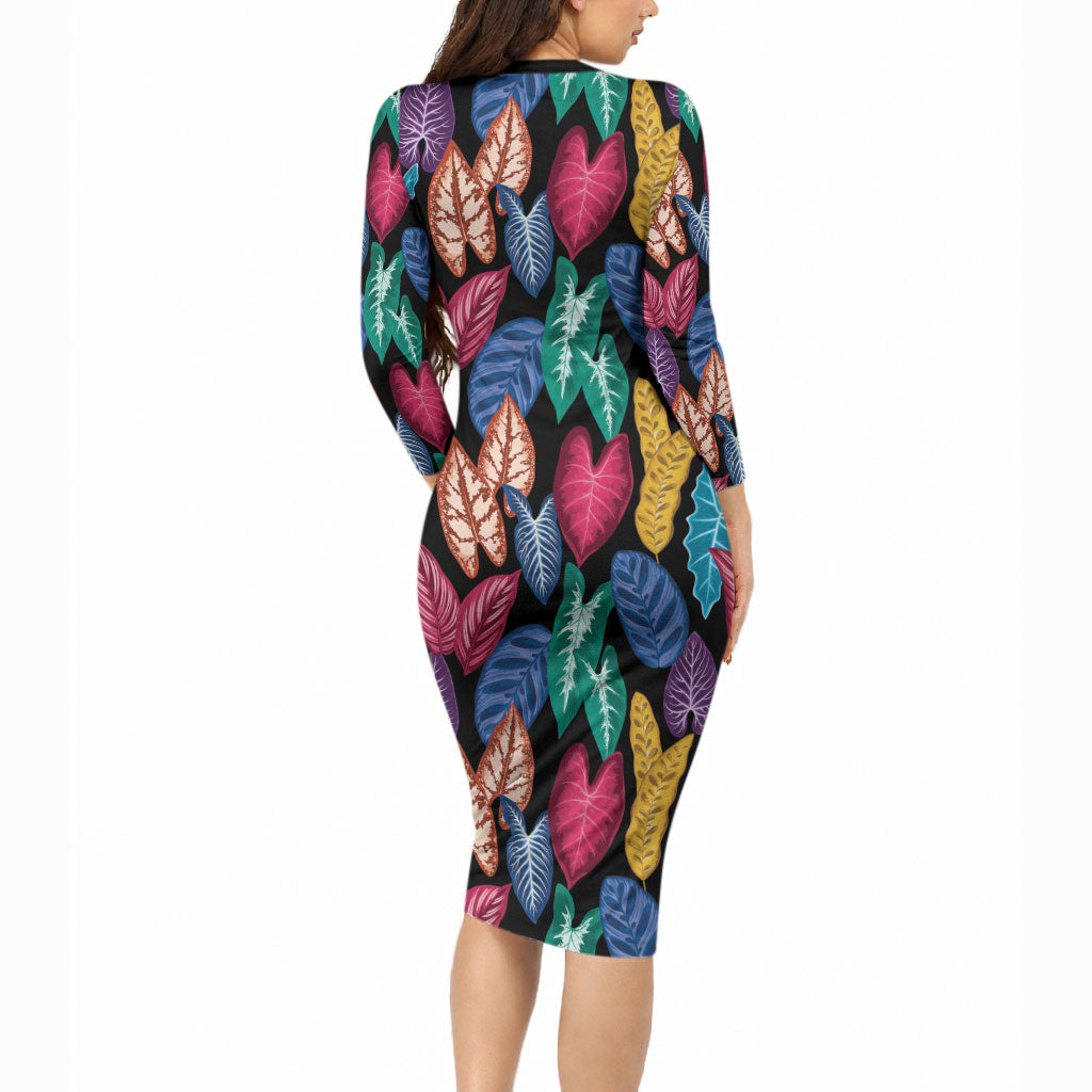 Hawaii Colorful Tropical Leaves Long Sleeve Bodycon Dress
