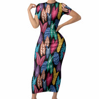 Hawaii Colorful Tropical Leaves Short Sleeve Bodycon Dress