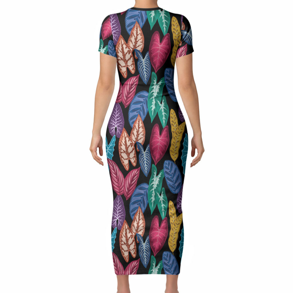 Hawaii Colorful Tropical Leaves Short Sleeve Bodycon Dress