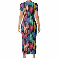 Hawaii Colorful Tropical Leaves Short Sleeve Bodycon Dress