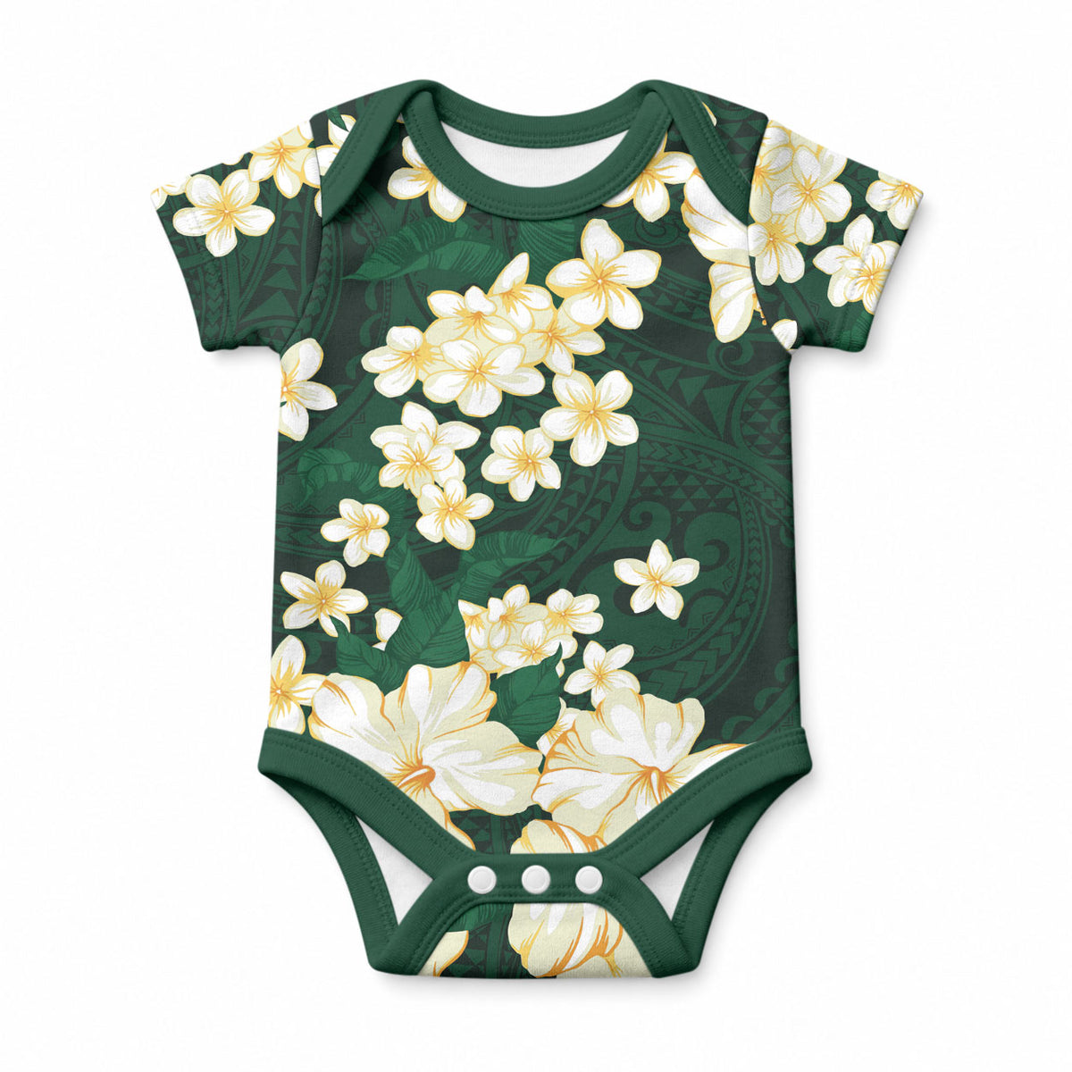 Hawaii Hibiscus Plumeria Green Baby Onesie Polynesian Pattern