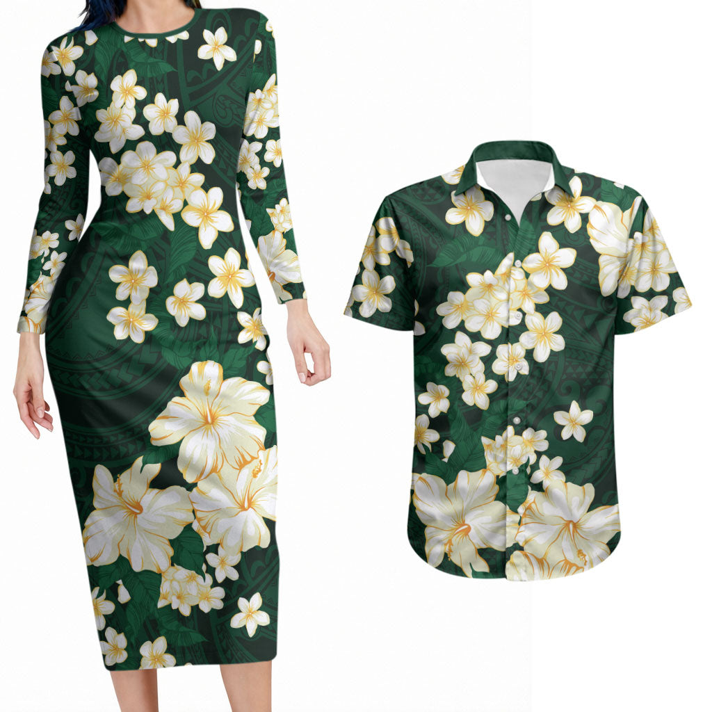 Hawaii Hibiscus Plumeria Green Couples Matching Long Sleeve Bodycon Dress and Hawaiian Shirt Polynesian Pattern