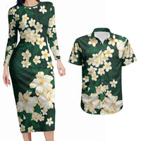 Hawaii Hibiscus Plumeria Green Couples Matching Long Sleeve Bodycon Dress and Hawaiian Shirt Polynesian Pattern