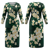 Hawaii Hibiscus Plumeria Green Couples Matching Long Sleeve Bodycon Dress and Hawaiian Shirt Polynesian Pattern