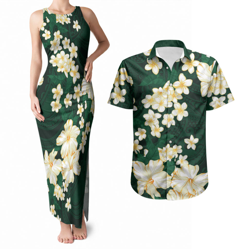 Hawaii Hibiscus Plumeria Green Couples Matching Tank Maxi Dress and Hawaiian Shirt Polynesian Pattern
