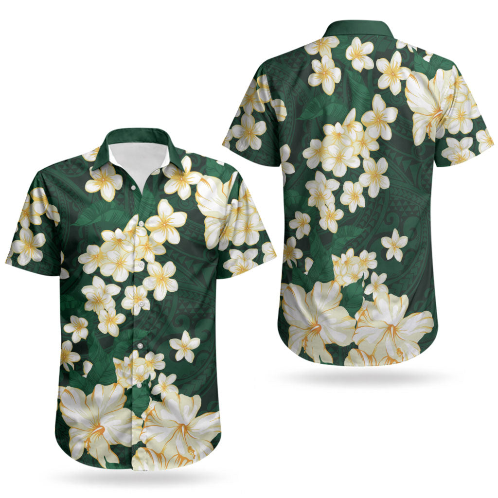 Hawaii Hibiscus Plumeria Green Couples Matching Tank Maxi Dress and Hawaiian Shirt Polynesian Pattern