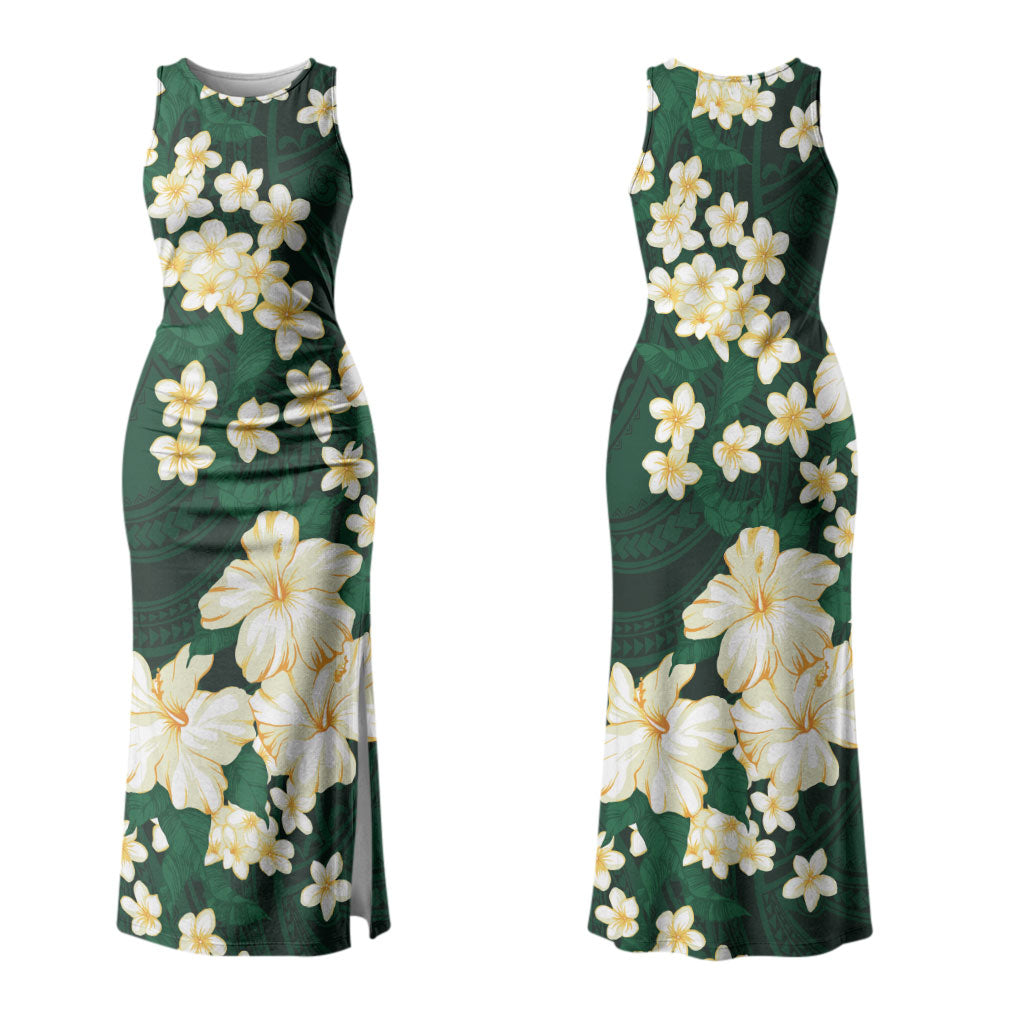 Hawaii Hibiscus Plumeria Green Couples Matching Tank Maxi Dress and Hawaiian Shirt Polynesian Pattern
