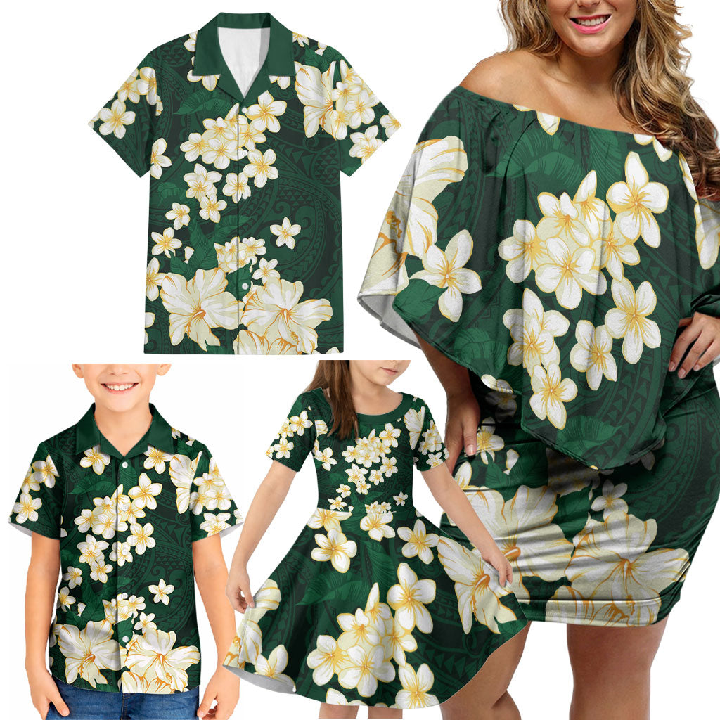 Hawaii Hibiscus Plumeria Green Family Matching Off Shoulder Short Dress and Hawaiian Shirt Polynesian Pattern