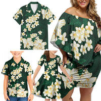 Hawaii Hibiscus Plumeria Green Family Matching Off Shoulder Short Dress and Hawaiian Shirt Polynesian Pattern