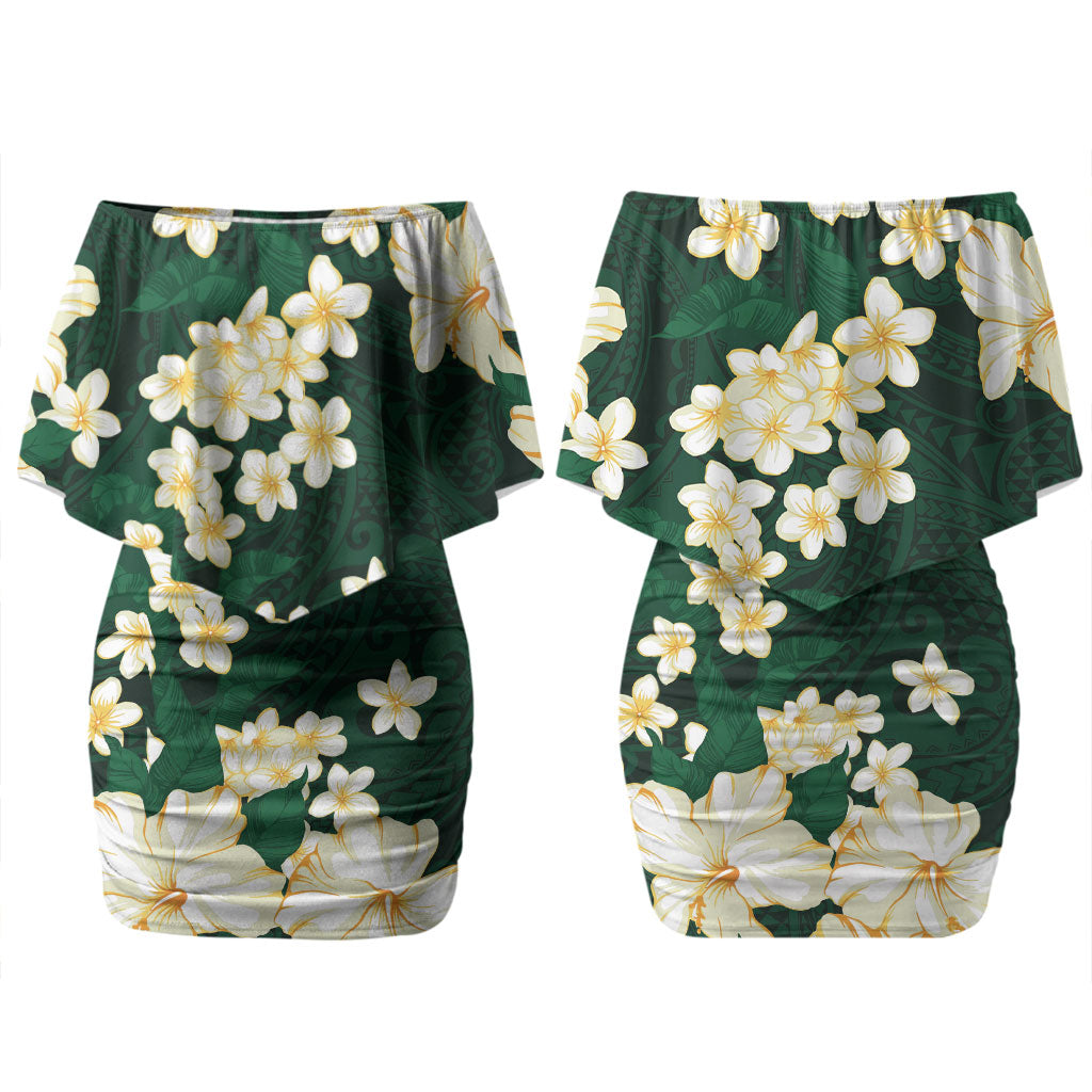 Hawaii Hibiscus Plumeria Green Family Matching Off Shoulder Short Dress and Hawaiian Shirt Polynesian Pattern