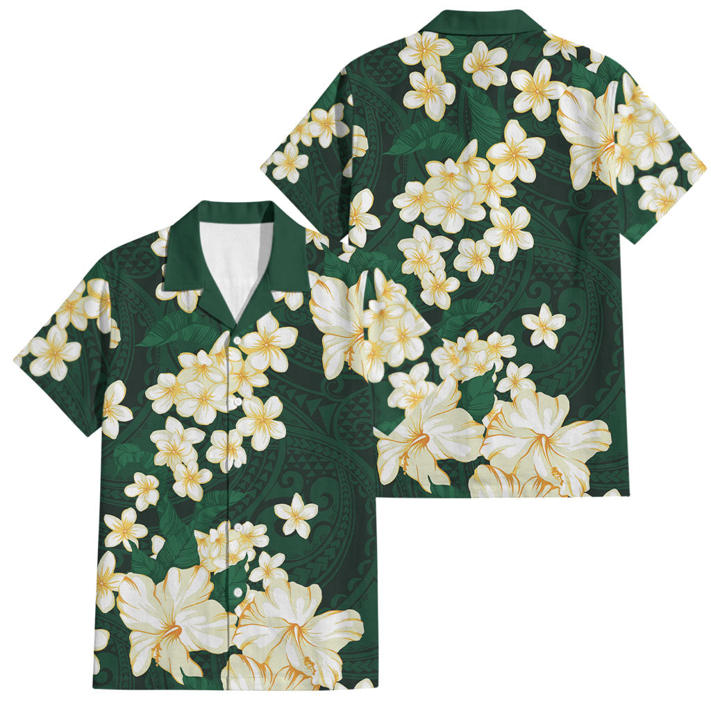 Hawaii Hibiscus Plumeria Green Family Matching Off Shoulder Short Dress and Hawaiian Shirt Polynesian Pattern