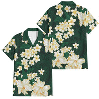Hawaii Hibiscus Plumeria Green Family Matching Off Shoulder Short Dress and Hawaiian Shirt Polynesian Pattern