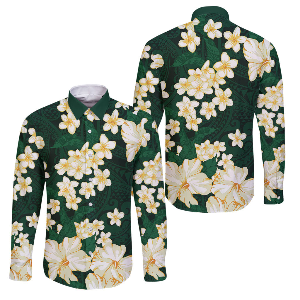 Hawaii Hibiscus Plumeria Green Family Matching Off Shoulder Short Dress and Hawaiian Shirt Polynesian Pattern