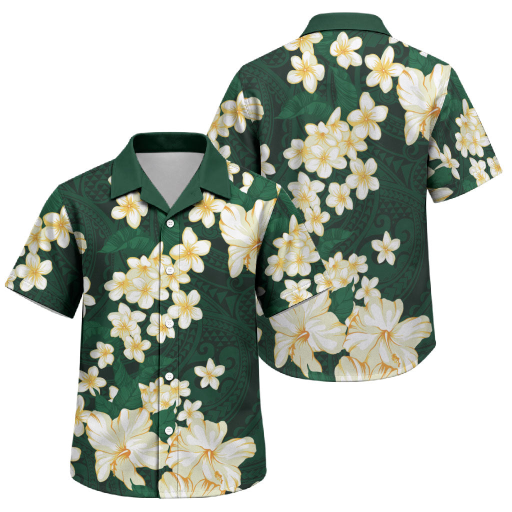 Hawaii Hibiscus Plumeria Green Family Matching Off Shoulder Short Dress and Hawaiian Shirt Polynesian Pattern