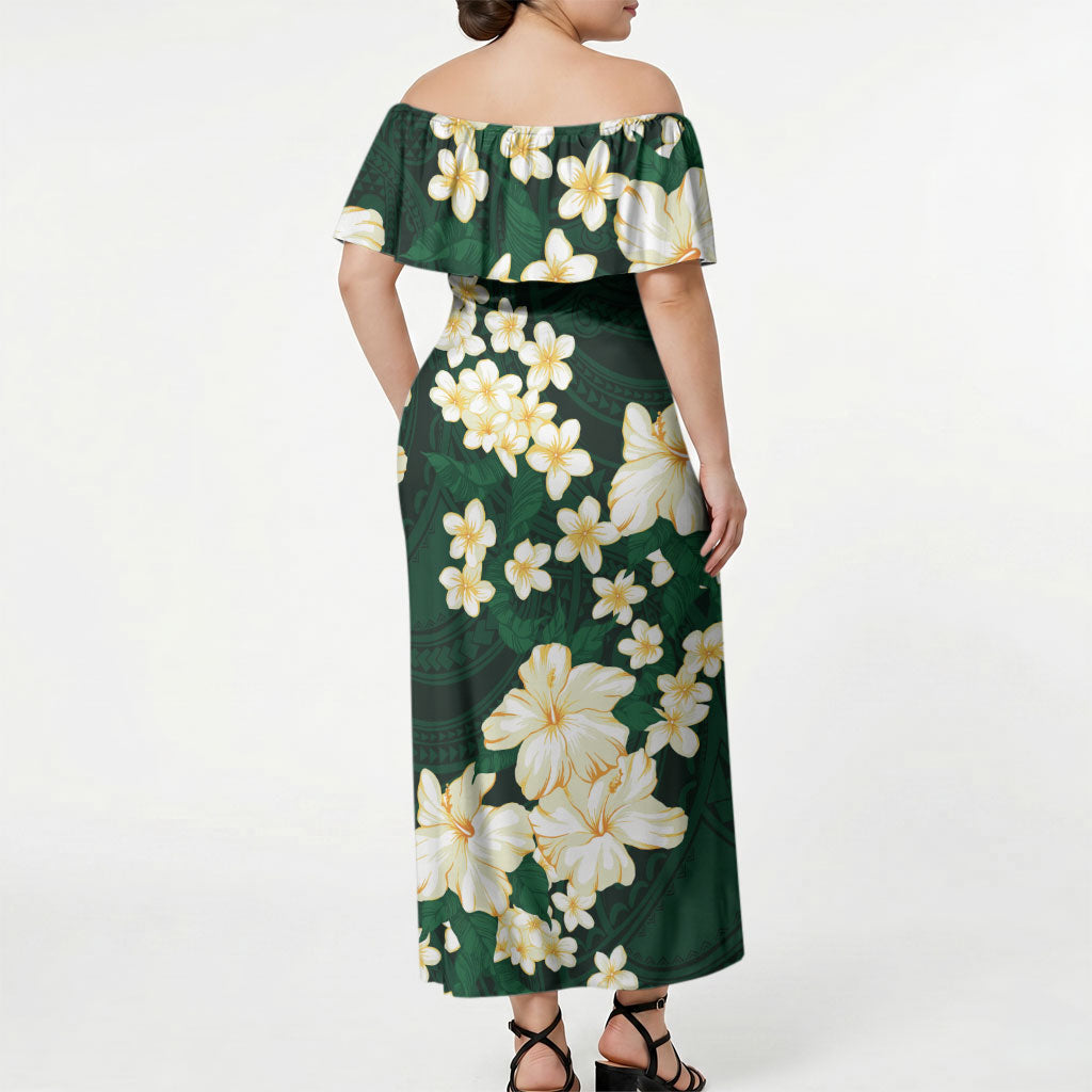 Hawaii Hibiscus Plumeria Green Off Shoulder Maxi Dress Polynesian Pattern
