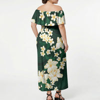 Hawaii Hibiscus Plumeria Green Off Shoulder Maxi Dress Polynesian Pattern