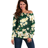 Hawaii Hibiscus Plumeria Green Off Shoulder Sweater Polynesian Pattern