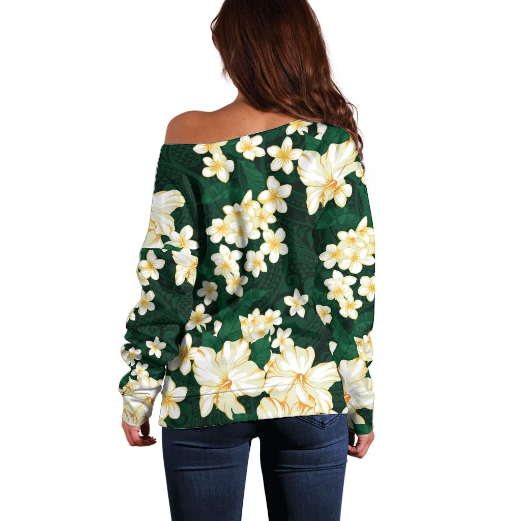 Hawaii Hibiscus Plumeria Green Off Shoulder Sweater Polynesian Pattern