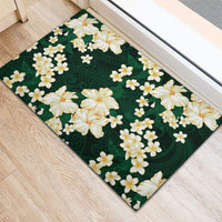 Hawaii Hibiscus Plumeria Green Rubber Doormat Polynesian Pattern