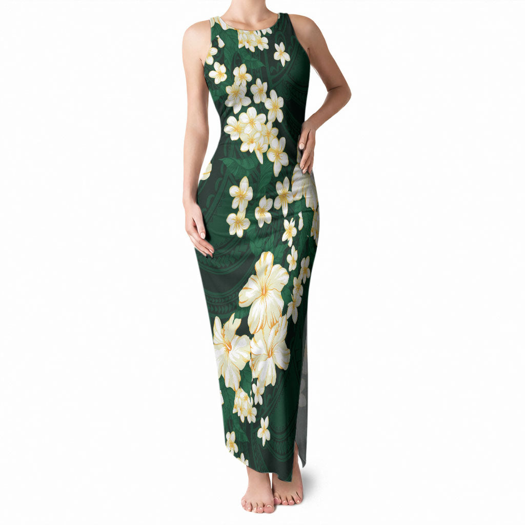 Hawaii Hibiscus Plumeria Green Tank Maxi Dress Polynesian Pattern