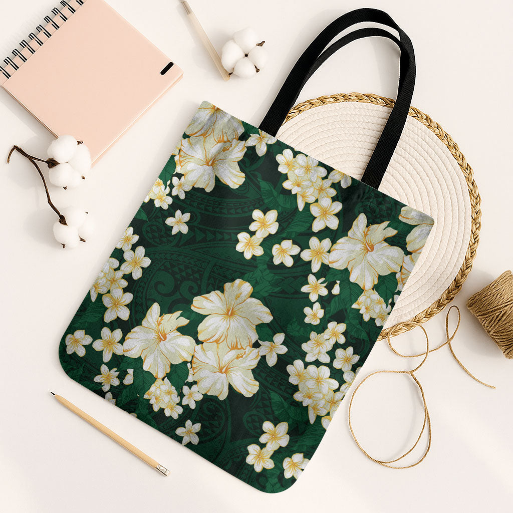 Hawaii Hibiscus Plumeria Green Tote Bag Polynesian Pattern LT01 Black Strap One Size Green - Polynesian Pride