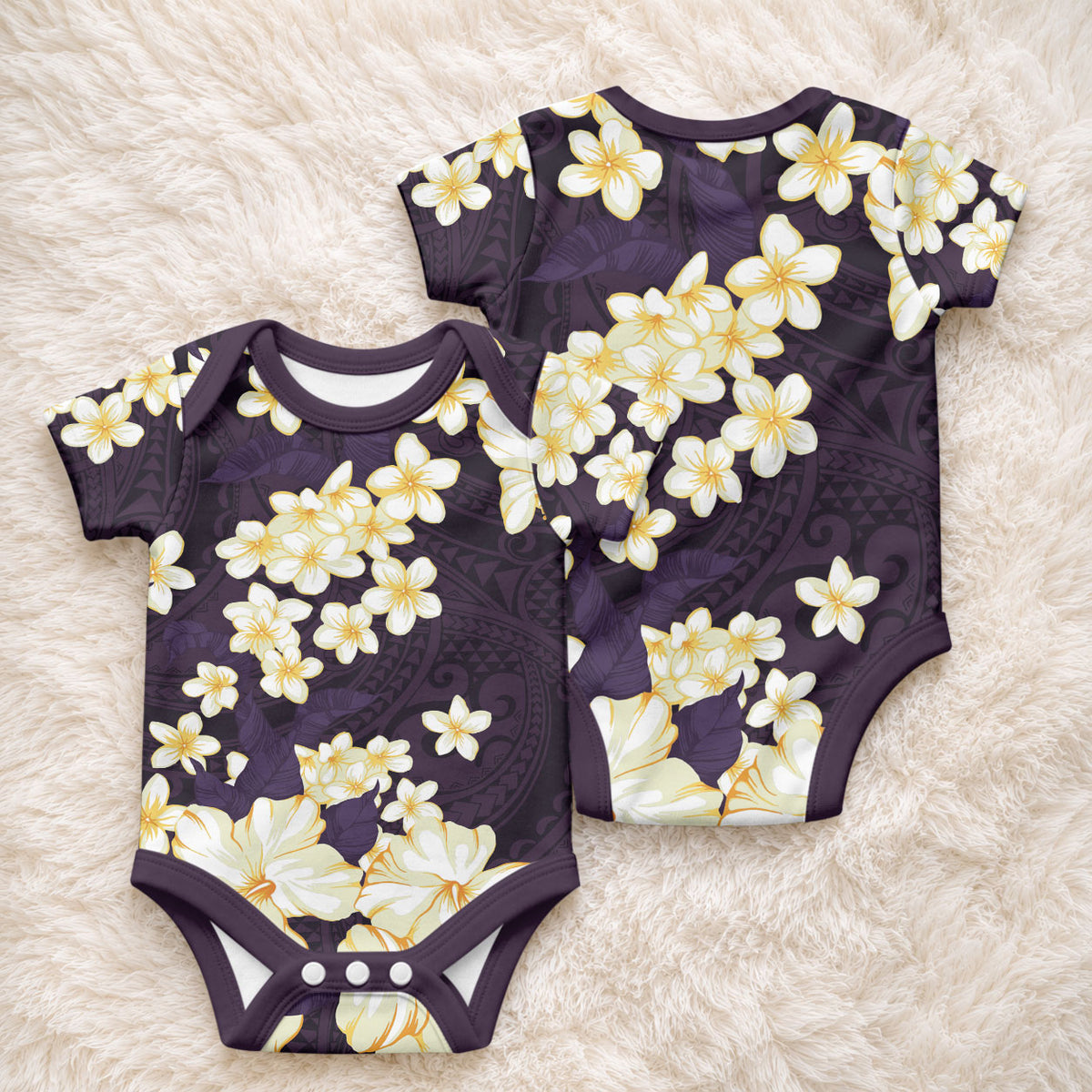 Hawaii Hibiscus Plumeria Purple Baby Onesie Polynesian Pattern