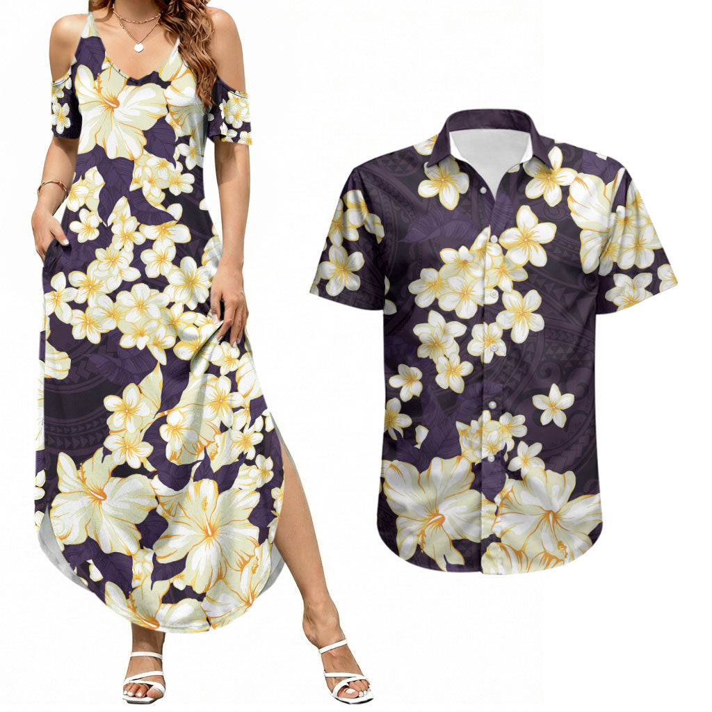 Hawaii Hibiscus Plumeria Purple Couples Matching Summer Maxi Dress and Hawaiian Shirt Polynesian Pattern