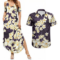 Hawaii Hibiscus Plumeria Purple Couples Matching Summer Maxi Dress and Hawaiian Shirt Polynesian Pattern