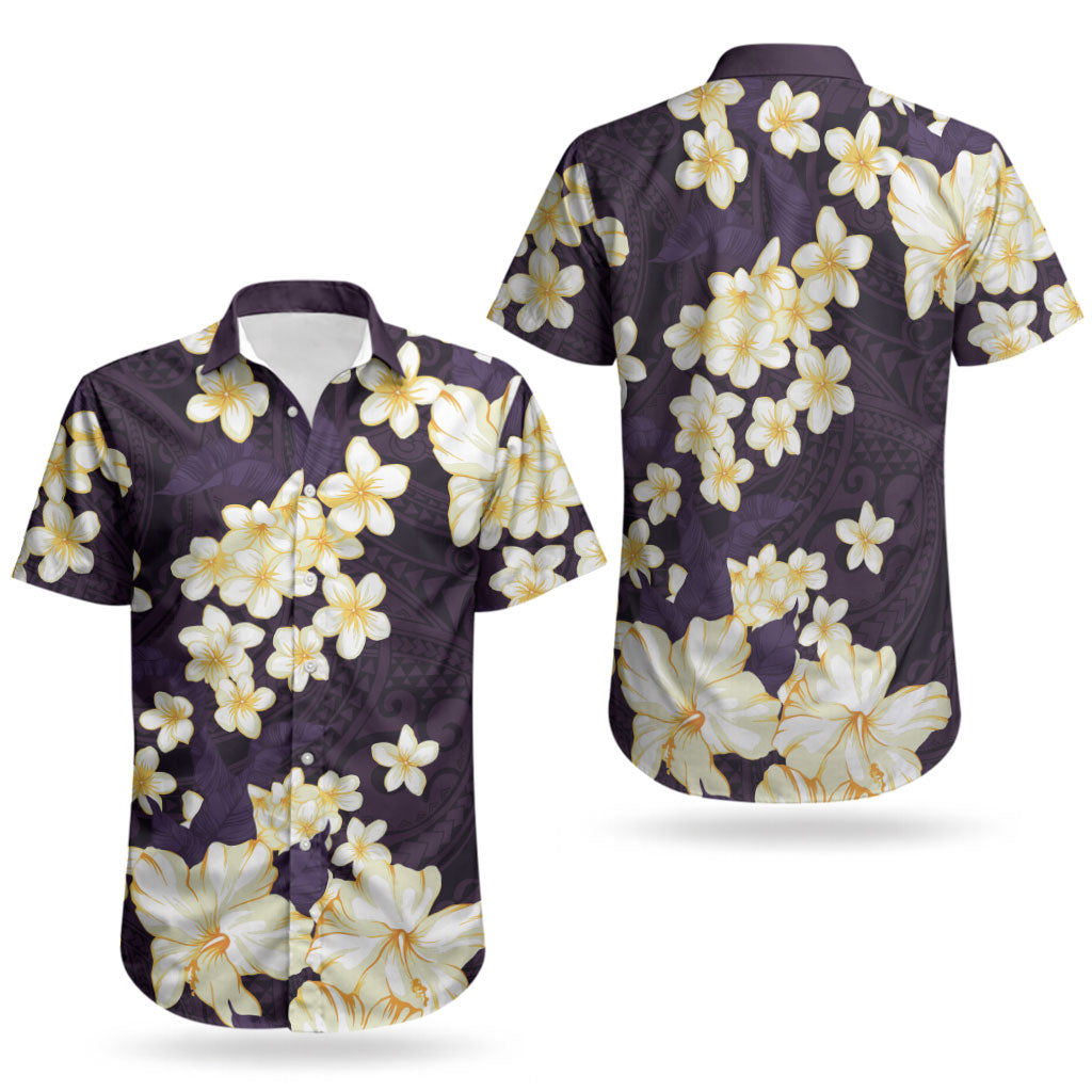 Hawaii Hibiscus Plumeria Purple Couples Matching Summer Maxi Dress and Hawaiian Shirt Polynesian Pattern
