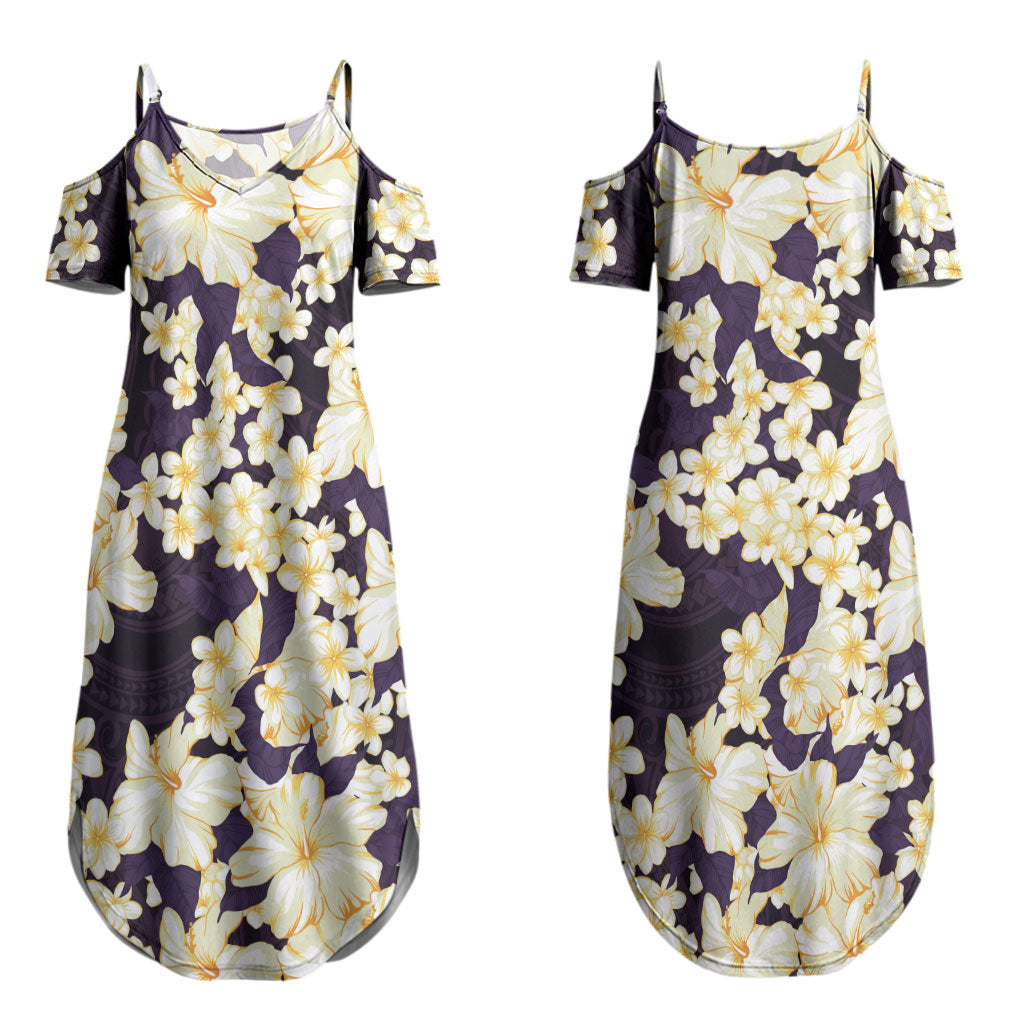 Hawaii Hibiscus Plumeria Purple Couples Matching Summer Maxi Dress and Hawaiian Shirt Polynesian Pattern