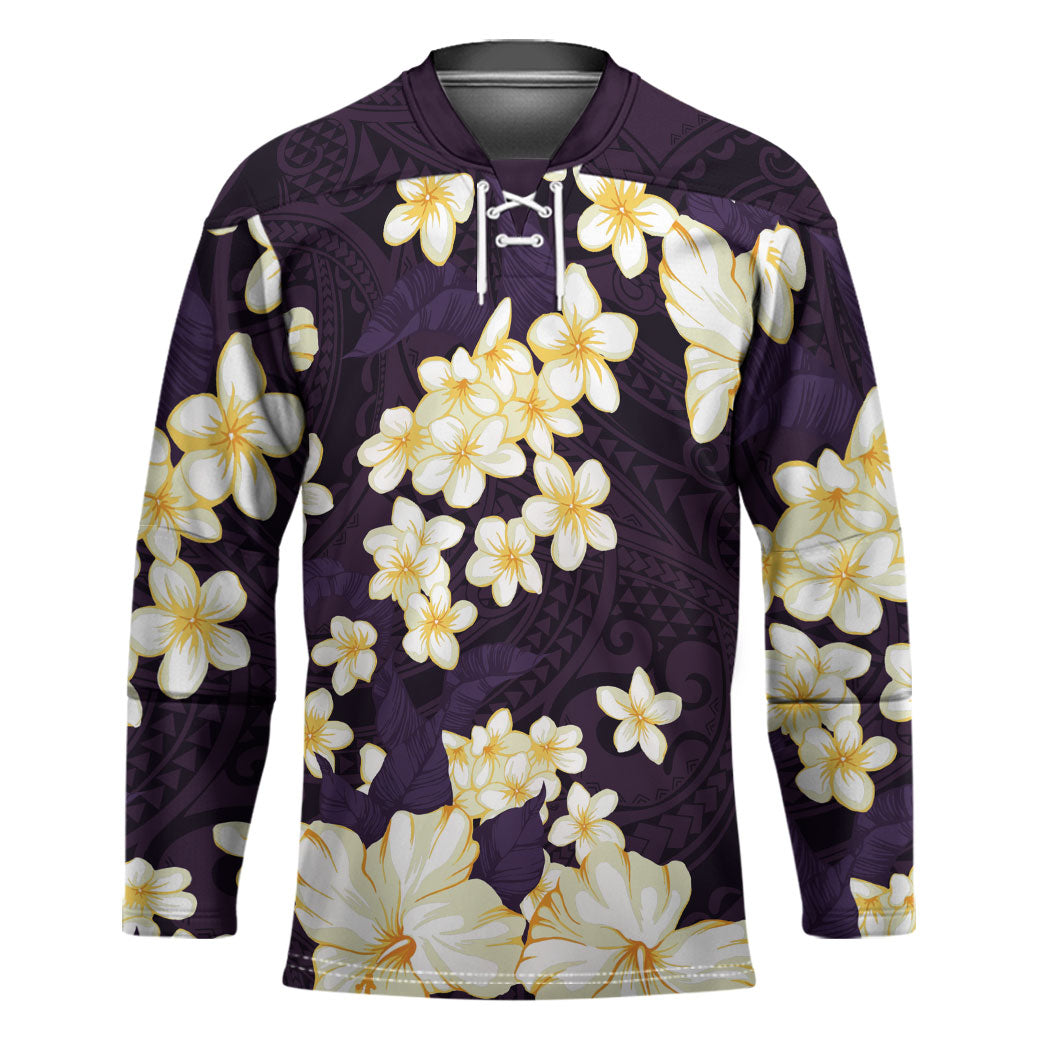 Hawaii Hibiscus Plumeria Purple Hockey Jersey Polynesian Pattern
