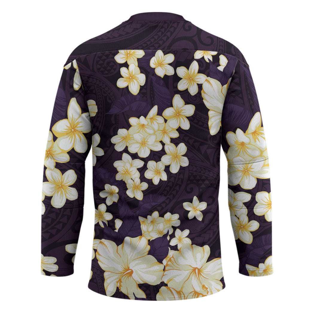 Hawaii Hibiscus Plumeria Purple Hockey Jersey Polynesian Pattern