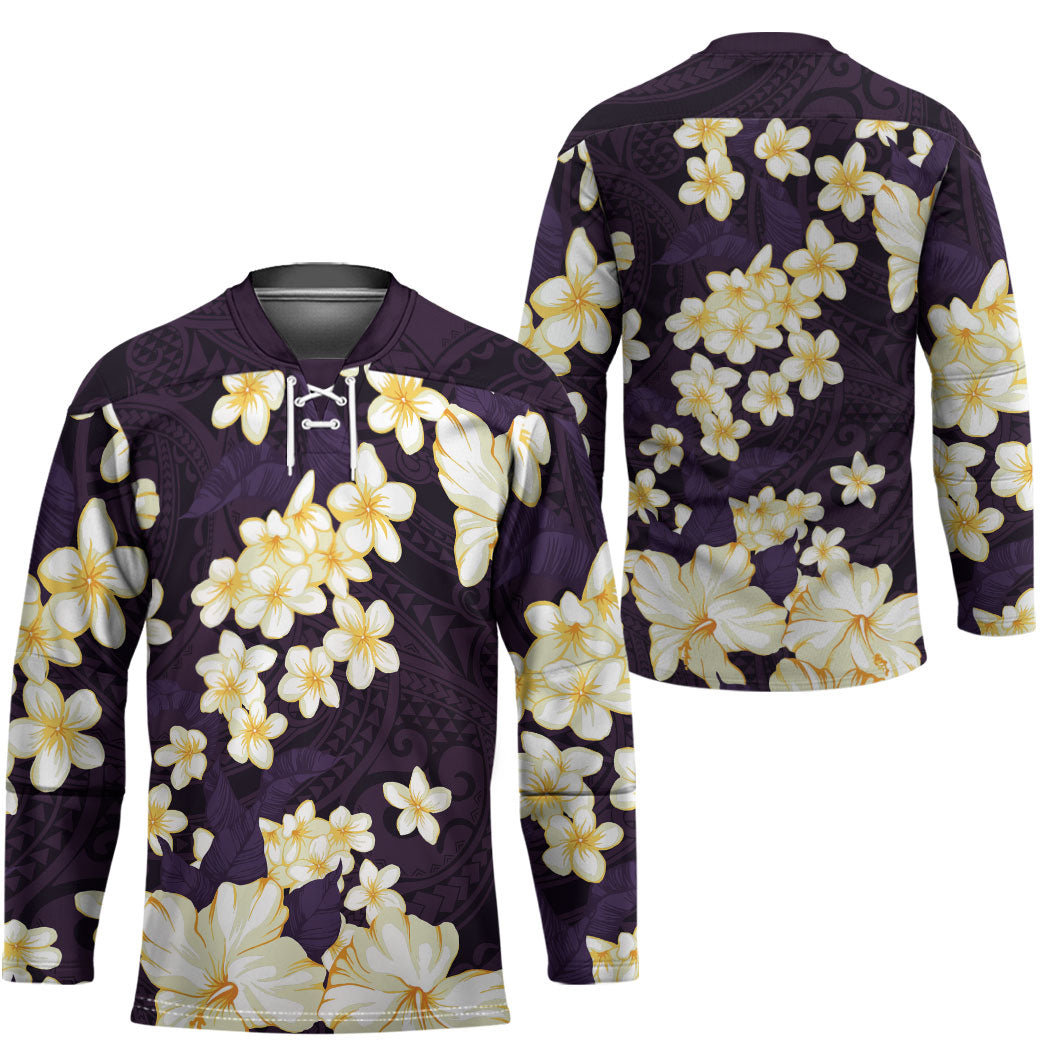 Hawaii Hibiscus Plumeria Purple Hockey Jersey Polynesian Pattern
