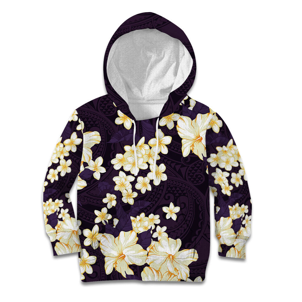 Hawaii Hibiscus Plumeria Purple Kid Hoodie Polynesian Pattern