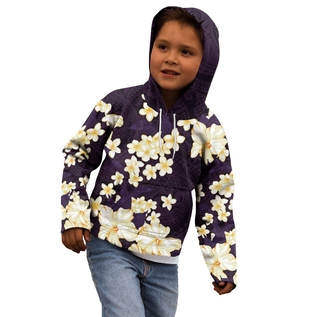 Hawaii Hibiscus Plumeria Purple Kid Hoodie Polynesian Pattern