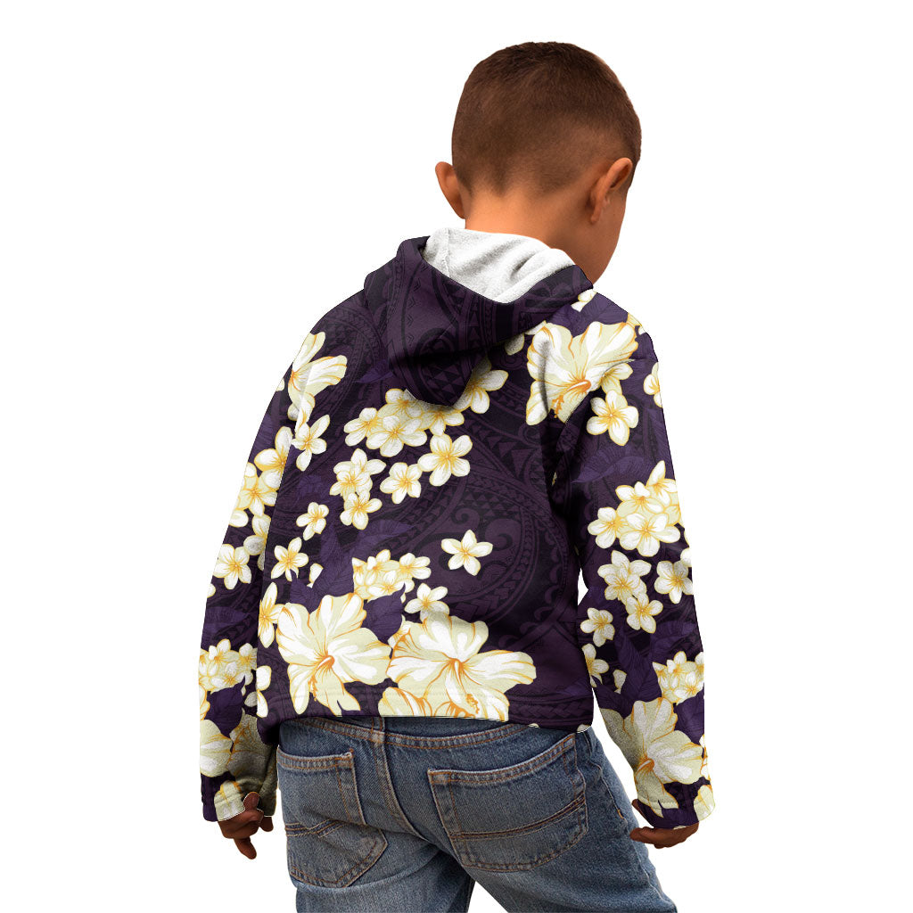 Hawaii Hibiscus Plumeria Purple Kid Hoodie Polynesian Pattern