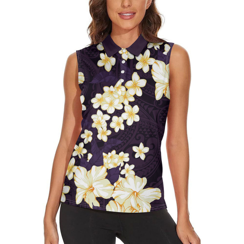 Hawaii Hibiscus Plumeria Purple Women Sleeveless Polo Shirt Polynesian Pattern