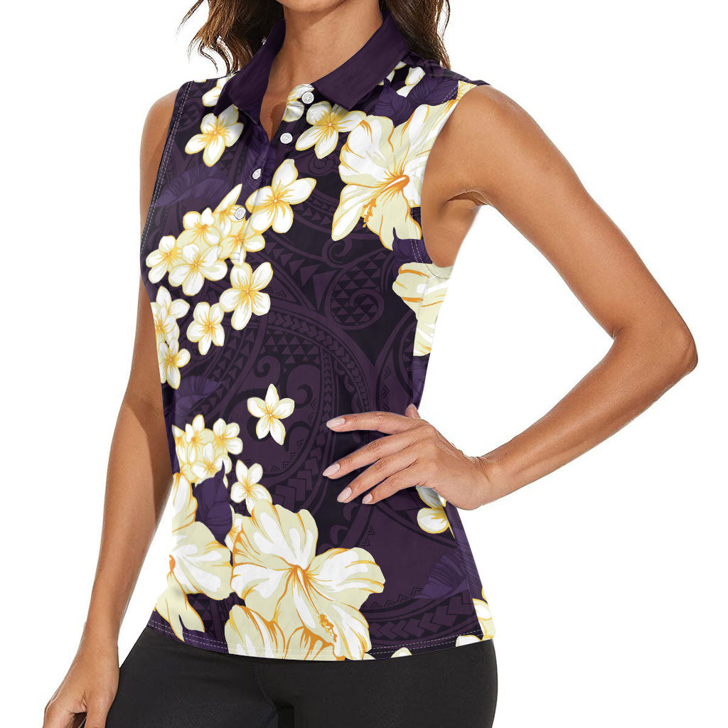 Hawaii Hibiscus Plumeria Purple Women Sleeveless Polo Shirt Polynesian Pattern